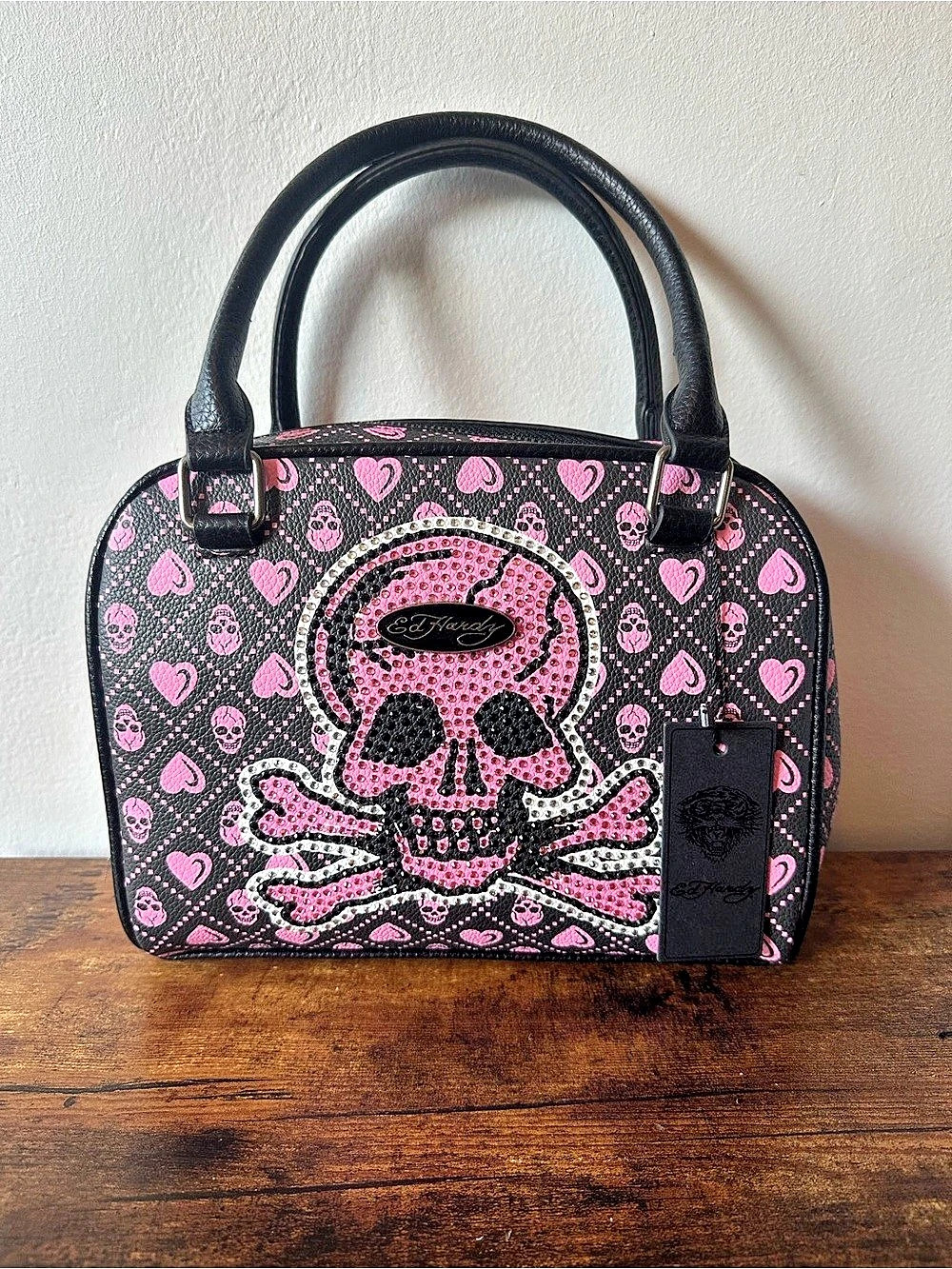 Ed Hardy Skull & Hearts Satchel Bag with Crossbody Strap in Black & Pink NWT